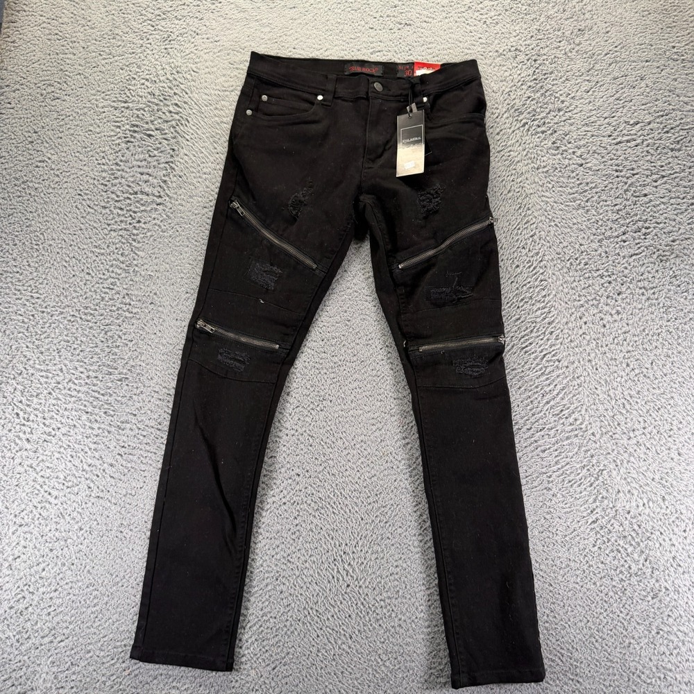 True Rock Jeans Men's 30x30 Black Cotton Denim Straight Slim Distressed Stretch